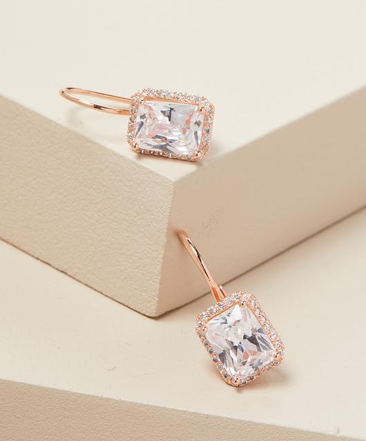 Emerald Cut Leverback Earrings in Rose Gold