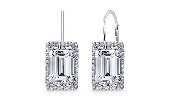 Emerald Cut Leverback Earrings in White Gold