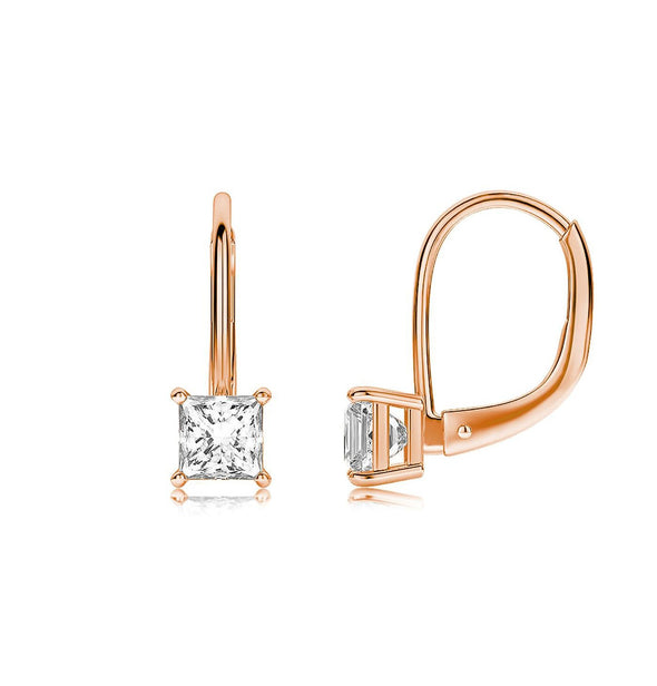 Princess Cut Leverback Earrings in Rose Gold