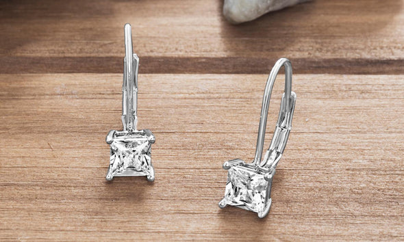 Princess Cut Leverback Earrings in White Gold